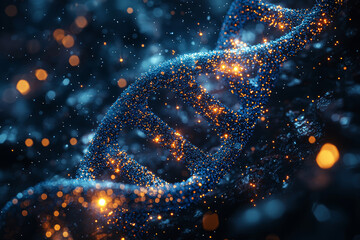 Poster - A DNA helix made of glowing digital particles. Concept of genetic research and biotechnology advancements.