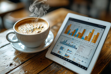 Fototapete - A digital tablet displaying graphs beside a steaming coffee cup. Concept of remote work and economic analytics.