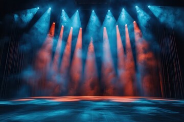 Poster - Bright stage illuminated by vibrant blue and orange lights with a smoky atmosphere, perfect for performances or events held at night