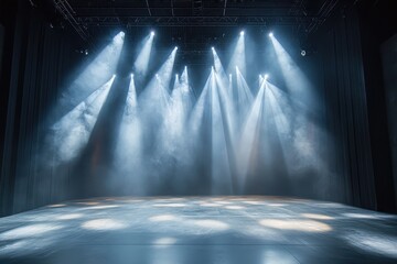 Poster - Bright stage illuminated by vibrant blue and orange lights with a smoky atmosphere, perfect for performances or events held at night