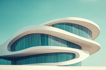 Leinwandbilder - Modern architectural design with sweeping curves and glass facade at a cultural center in a cloudy sky setting during late afternoon