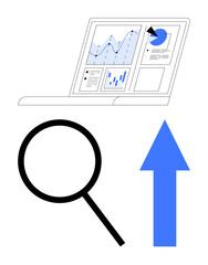 Poster - laptop screen displaying analytics dashboard with graphs, magnifying glass, and upward arrow. ideal 