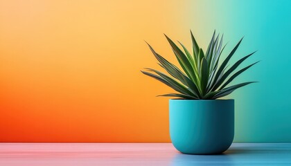 Fototapete - Lively green plant in textured pot against vibrant orange and turquoise background showcasing modern decor