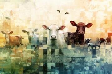Poster - Modern abstract mosaic collage featuring farm animals in soft color gradients with a textured finish for artistic appeal and visual interest Generative AI