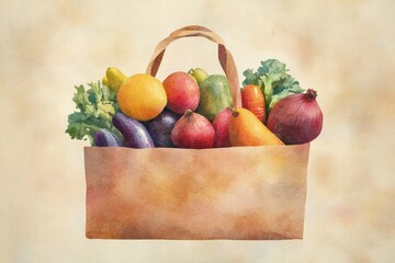 Poster - Modern illustration of a paper grocery bag filled with organic fruits and vegetables showcasing earthy colors and eco-friendly design Generative AI