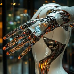 Poster - Advanced Technology: A Detailed View of a Robot's Hand with Transparent Fingers and Illuminated Interface