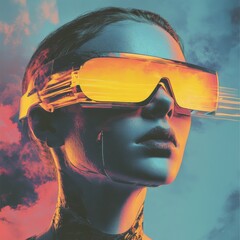 Fototapete - A futuristic vision: woman with augmented reality glasses in a surreal, colorful world, exploring the possibilities of the metaverse.