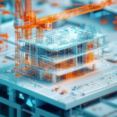 Aufkleber - Architectural Blueprint Visualization: Futuristic Building Construction with Crane and Detailed Design