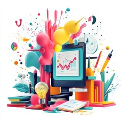 Aufkleber - Creative Business Growth: Colorful Abstract Illustration of Charts, Ideas, and Progress