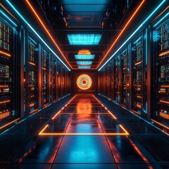 Fototapete - Data Center Hallway: A Futuristic Perspective with Neon Lighting and Reflected Lights, showcasing advanced technology