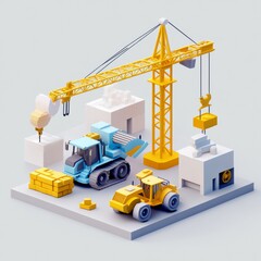 Poster - isometric construction scene: crane, bulldozer, and building blocks in a minimalist design