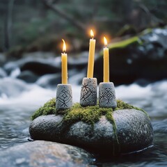 Poster - River Stones and Candlelight: A Tranquil Scene of Serenity and Light in a Natural Setting