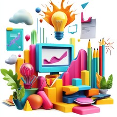 Poster - Vibrant 3D Illustration of Business Growth: Innovation, Charts, and Creative Elements for Modern Success