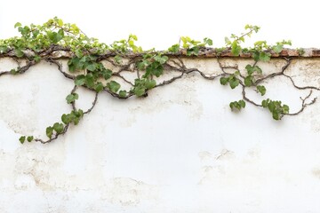 Poster - Twisting vine grows against a textured white wall, showcasing autumn leaves in a quiet and serene outdoor setting