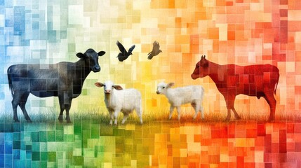 Poster - Modern abstract mosaic collage featuring farm animals in vibrant color gradients and textured artistic design Generative AI