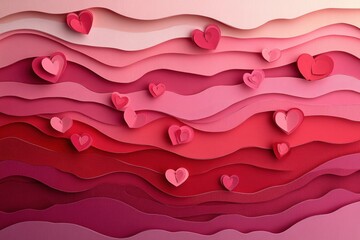 Poster - Layered paper cut background featuring floating hearts in soft red and pink gradients for romantic themes and celebrations Generative AI