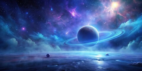 Wall Mural - a cosmic seascape reveals a ringed planet amidst nebulae and star clusters, a serene extraterrestria