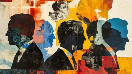 Poster - Modern artistic collage showcasing silhouettes of world leaders with abstract patterns and deep political colors Generative AI