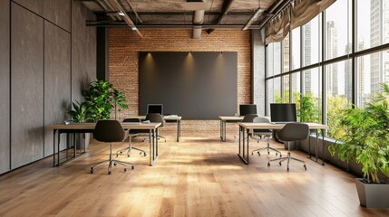 Poster - Modern Coworking Office Space with Ample Natural Light and Greenery