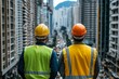 © Basileus - Two construction workers gaze over dense urban skyline together