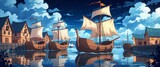 cartoon Medieval harbor with wooden ships under cloudy night sky anime illustration art design