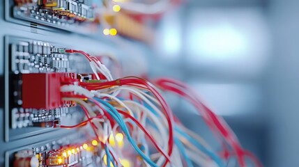 Fototapete - Close Up of Secure Data Center Wires with Glowing LED Lights