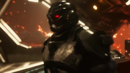 Poster - professional astronaut wearing high tech spacesuit walking through dimly lit command bridge, observi