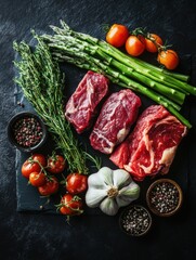 Leinwandbilder - Premium organic vegetables and fresh ingredients arranged elegantly on dark slate background for a high-end dining experience Generative AI