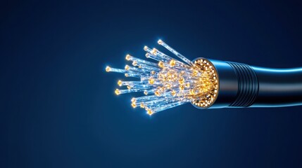 Fototapete - Glowing Fiber Optic Cable Ends Against Dark Blue Background