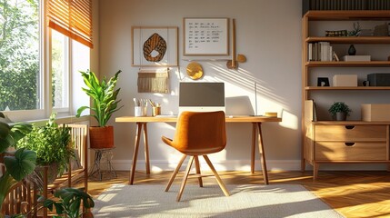 Poster - Modern Cozy Home Office with Natural Wooden Furniture