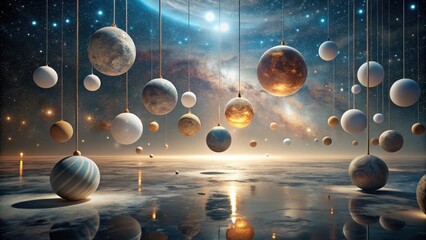Wall Mural - Celestial Orbs Hanging Over a Tranquil, Reflective Surface in a Dreamlike Cosmos