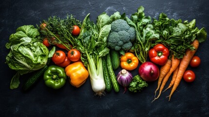 Poster - Carefully arranged premium organic vegetables showcasing farm-to-table aesthetics and rich textures on a dark slate background Generative AI