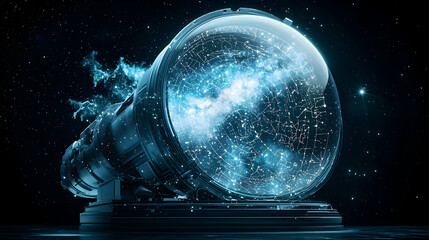 A futuristic telescope displays a celestial map inside a glass sphere. The image suggests exploration of the cosmos. Application idea: Use as a science fiction book cover.