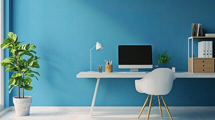 Poster - Modern Home Office Setup with Blue Wall and White Desk