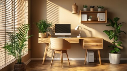 Poster - Modern Cozy Home Office with Natural Wooden Furniture and Plants