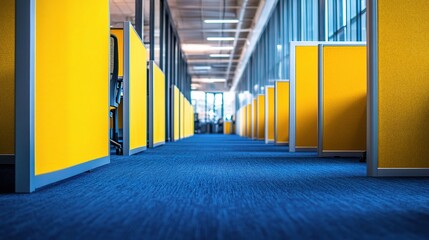 Poster - Bright Yellow Cubicles in Modern Office with Blue Carpet Flooring