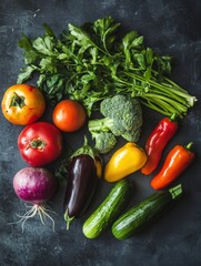 Poster - Premium organic vegetables arranged beautifully on a dark slate background for farm-to-table culinary creativity Generative AI