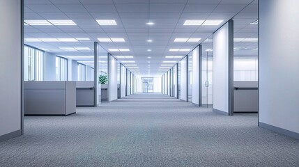 Poster - Modern Office Hallway with Carpeted Flooring and Cubicles