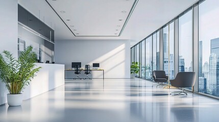 Poster - Modern Office Interior with White Walls and Corner Desk Setup