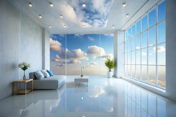 Wall Mural - Serene Modern Living Room with Expansive Window Views of a Cloudy Sky