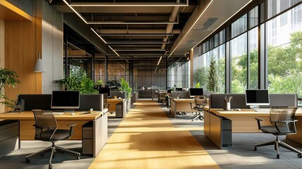 Poster - Modern Office Interior with Desks and Computers in Bright Environment