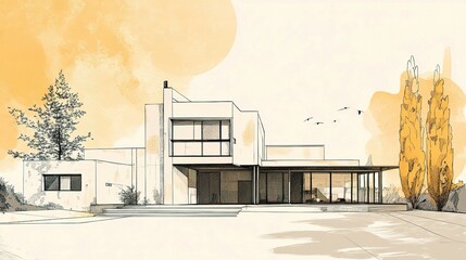Poster - Artistic Architectural Sketch of Modern Building with Abstract Elements