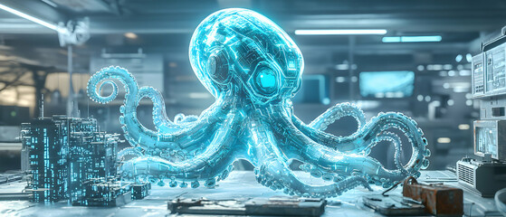 A futuristic glowing octopus crafted with circuits and glowing components. It's a concept for a future AI or a digital cephalopod. Imagine it for sci-fi games.