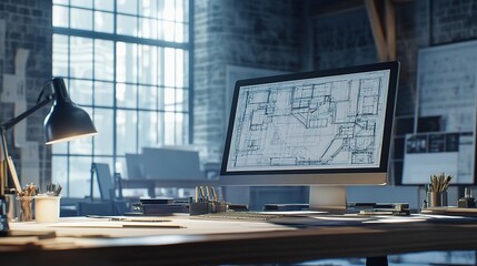 Poster - Modern Architectural Workspace with Detailed Engineering Plans