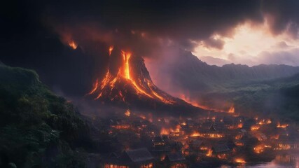 Wall Mural - glowing molten rock cascading down volcanic slopes near inhabited area, illuminating darkening sky w