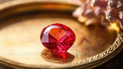 Poster - A brilliant red ruby with perfect faceting, resting on a golden tray.