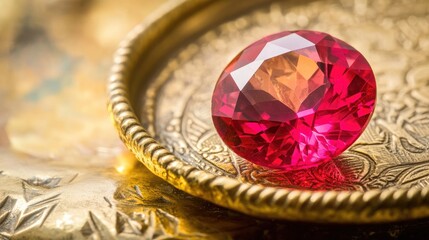 Poster - A brilliant red ruby with perfect faceting, resting on a golden tray.