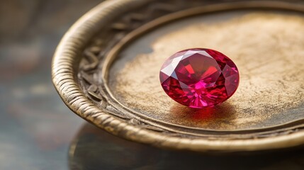 Poster - A brilliant red ruby with perfect faceting, resting on a golden tray.