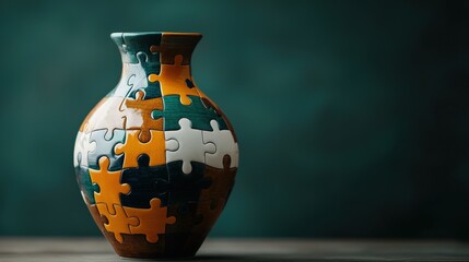 Poster - A vase designed like a puzzle being assembled with intricate patterns