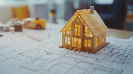 Poster - Detailed House Blueprint with Model Building and Construction Workers